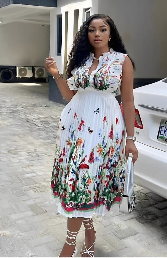 White floral Pleated Dress